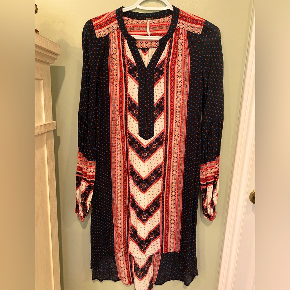 Free People Blue and Red Geometric Long Sleeve Dress